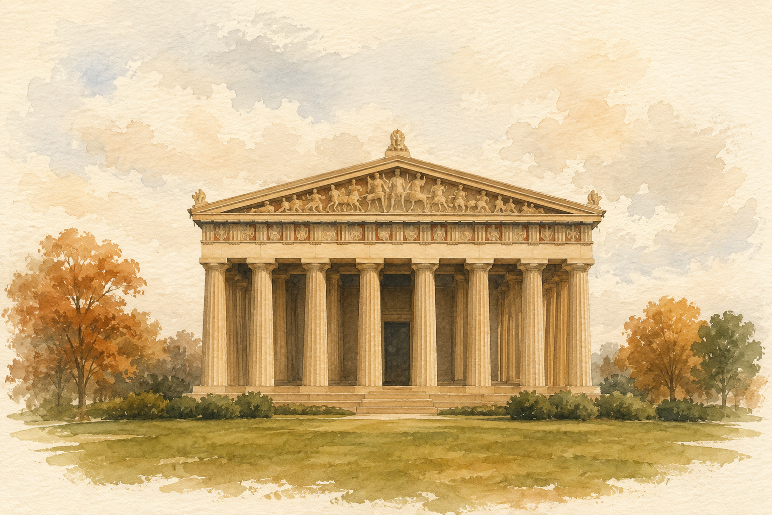Watercolor illustration of the Parthenon in Nashville