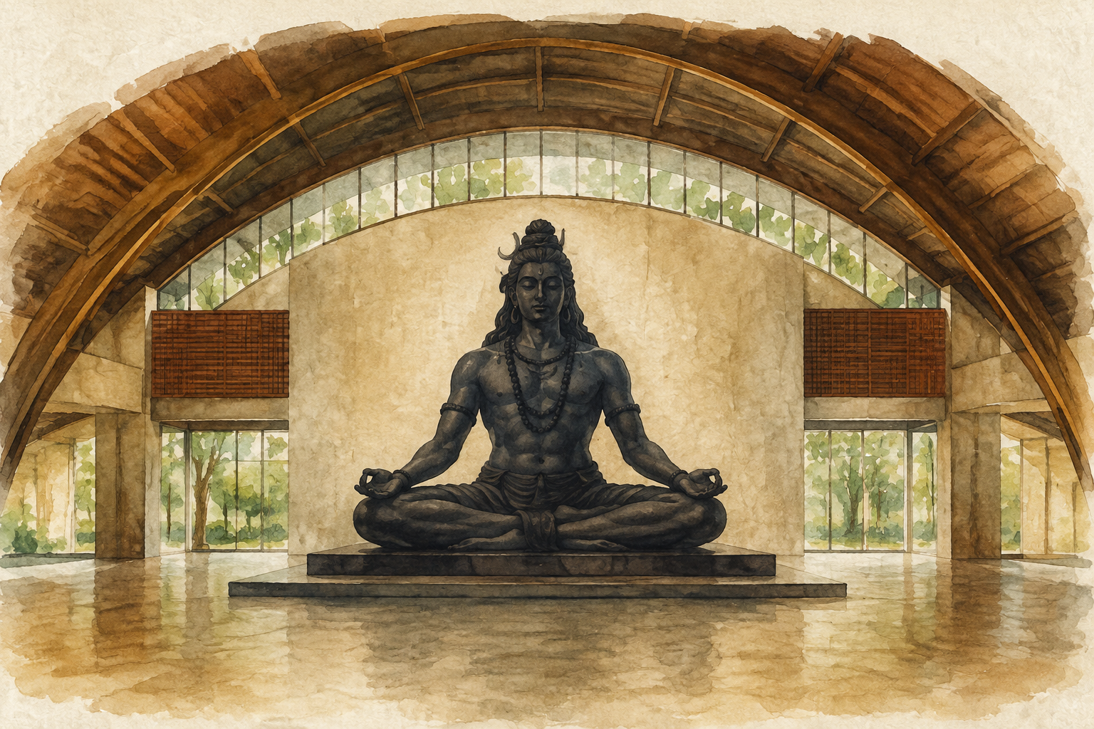 Watercolor illustration of Adiyogi inside the Abode of Yoga at Isha Institute in Tennessee