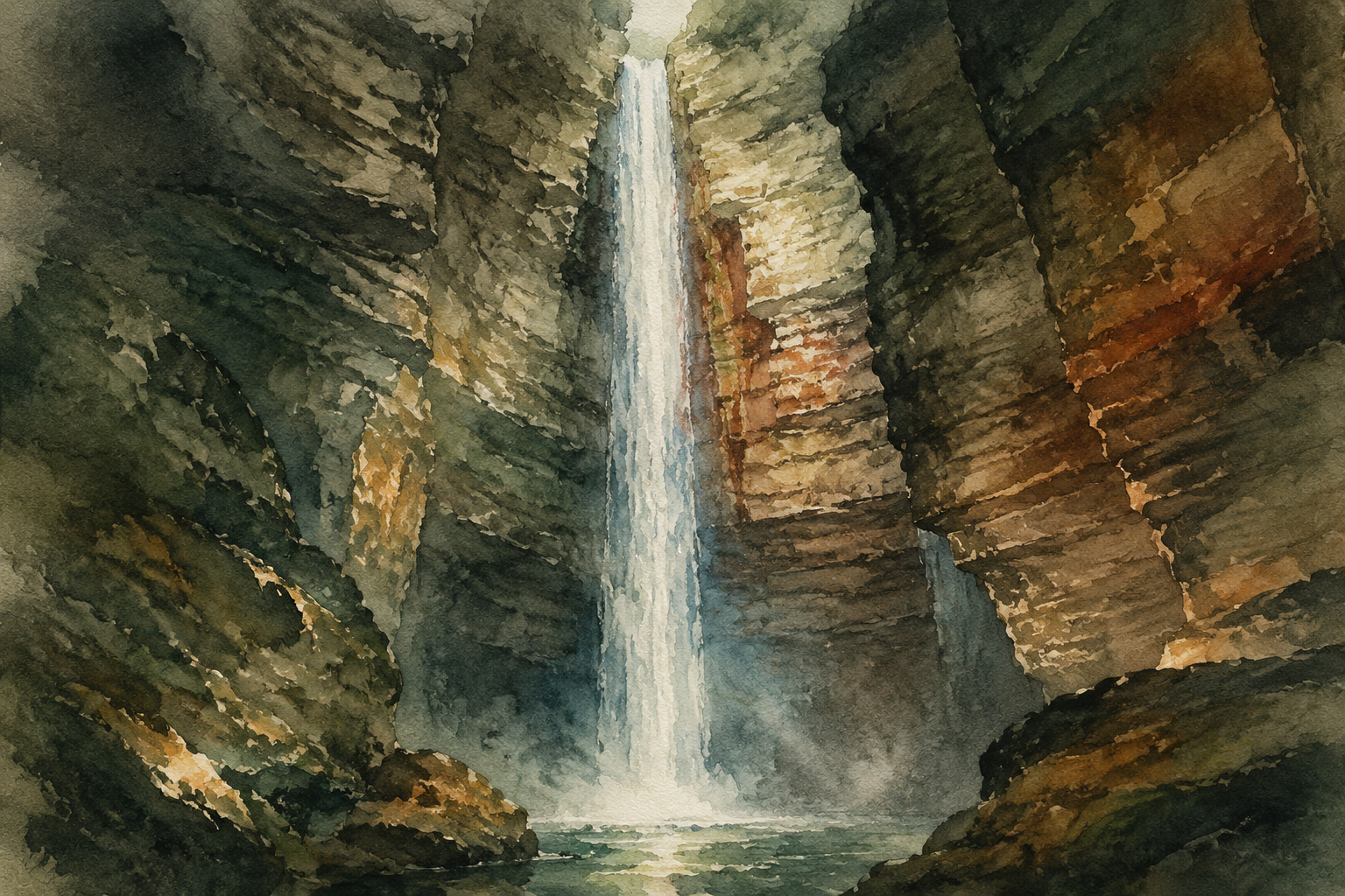 Watercolor illustration of Ruby Falls inside Lookout Mountain